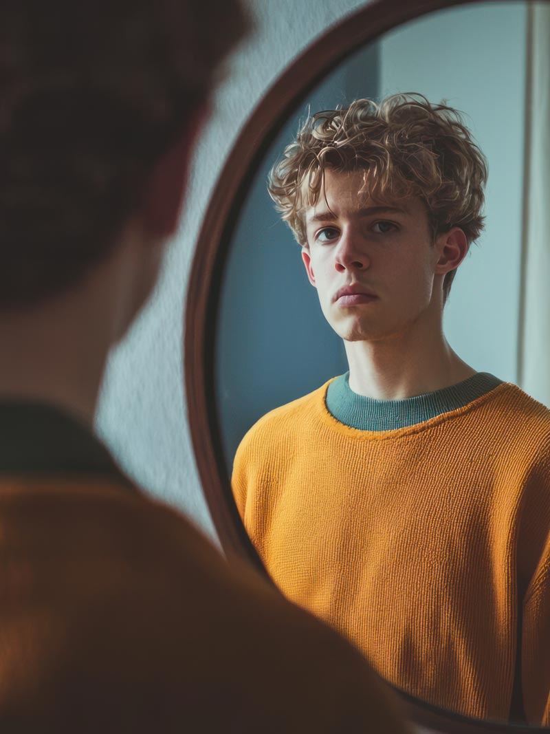 person-standing-front-mirror-contemplating-their-reflection-while-considering-their-health-weight teenage boy looks at herself in the mirror